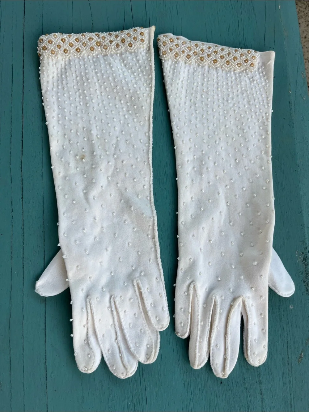Exquisite vintage hand-beaded long formal gloves, 100% Double Cotton
